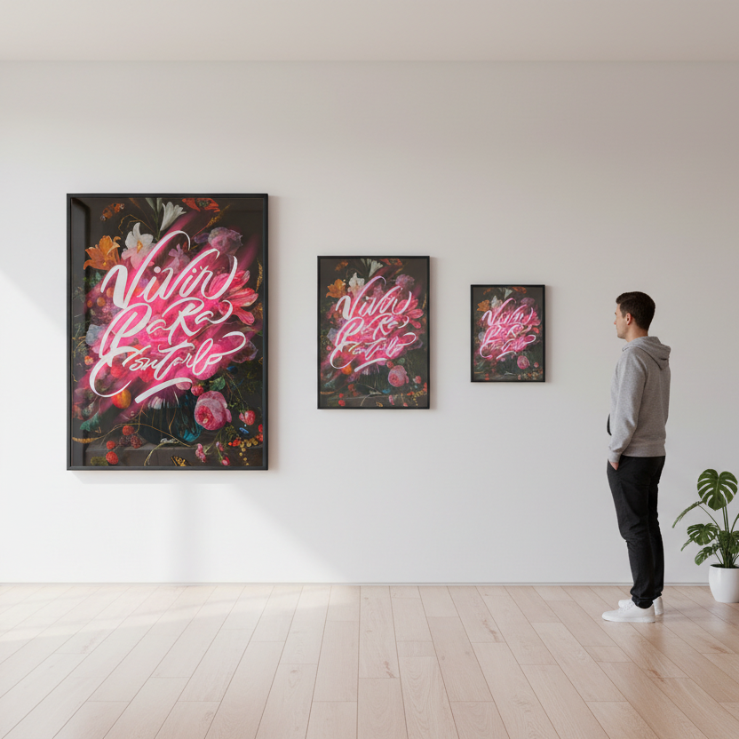 Composición de tres cuadros con obra floral en proporciones correctas