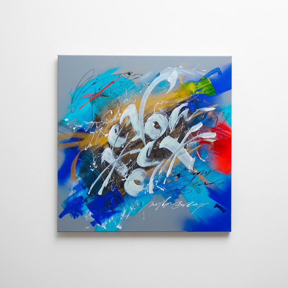 Obra abstracta azul con caligrafía blanca - Fondo blanco