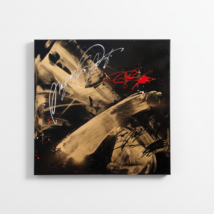 Obra abstracta dorada y roja - Fondo blanco