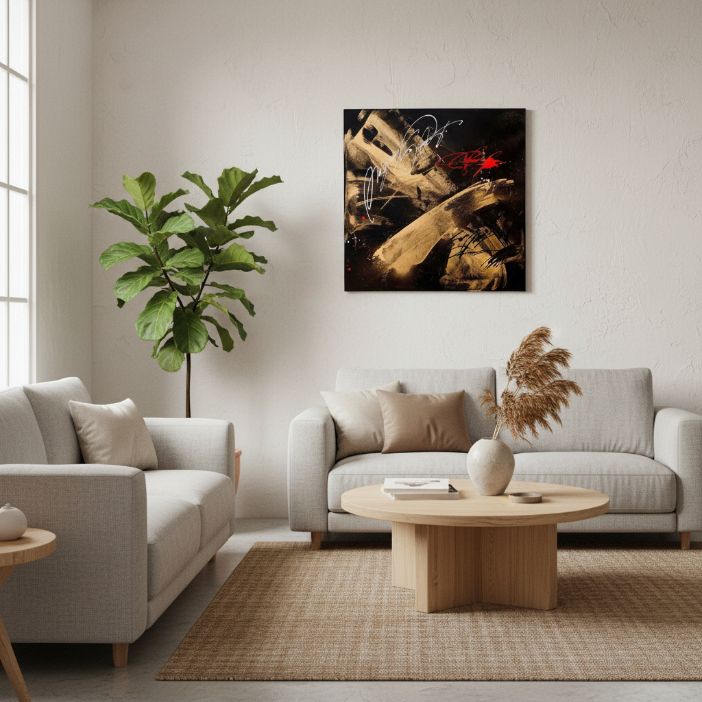 Obra abstracta dorada y roja - Muralla Pinterest design