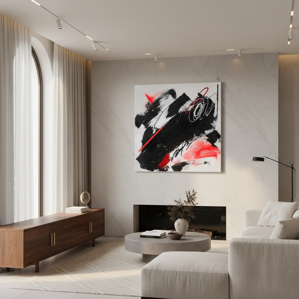 Obra abstracta negra y roja - Muralla lujosa