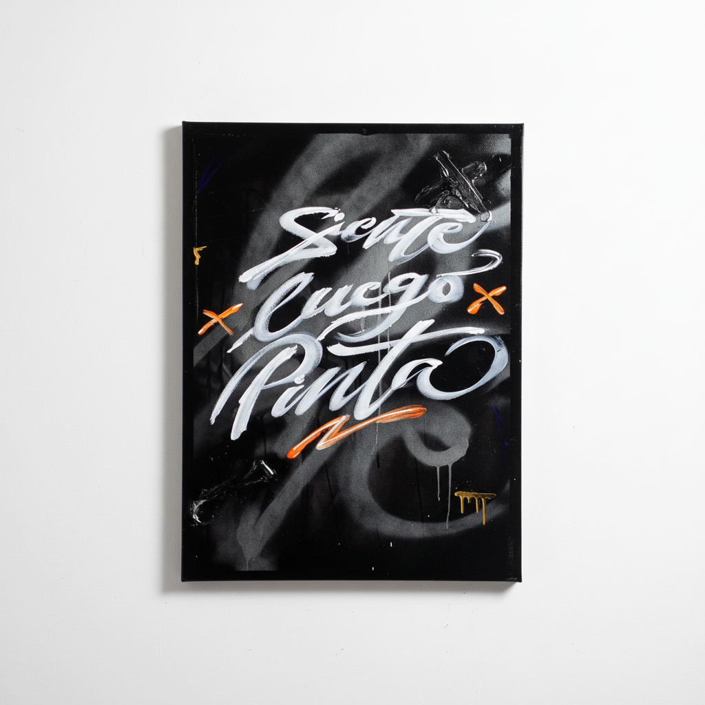 Obra caligrafía blanca con detalles naranjas - Fondo blanco