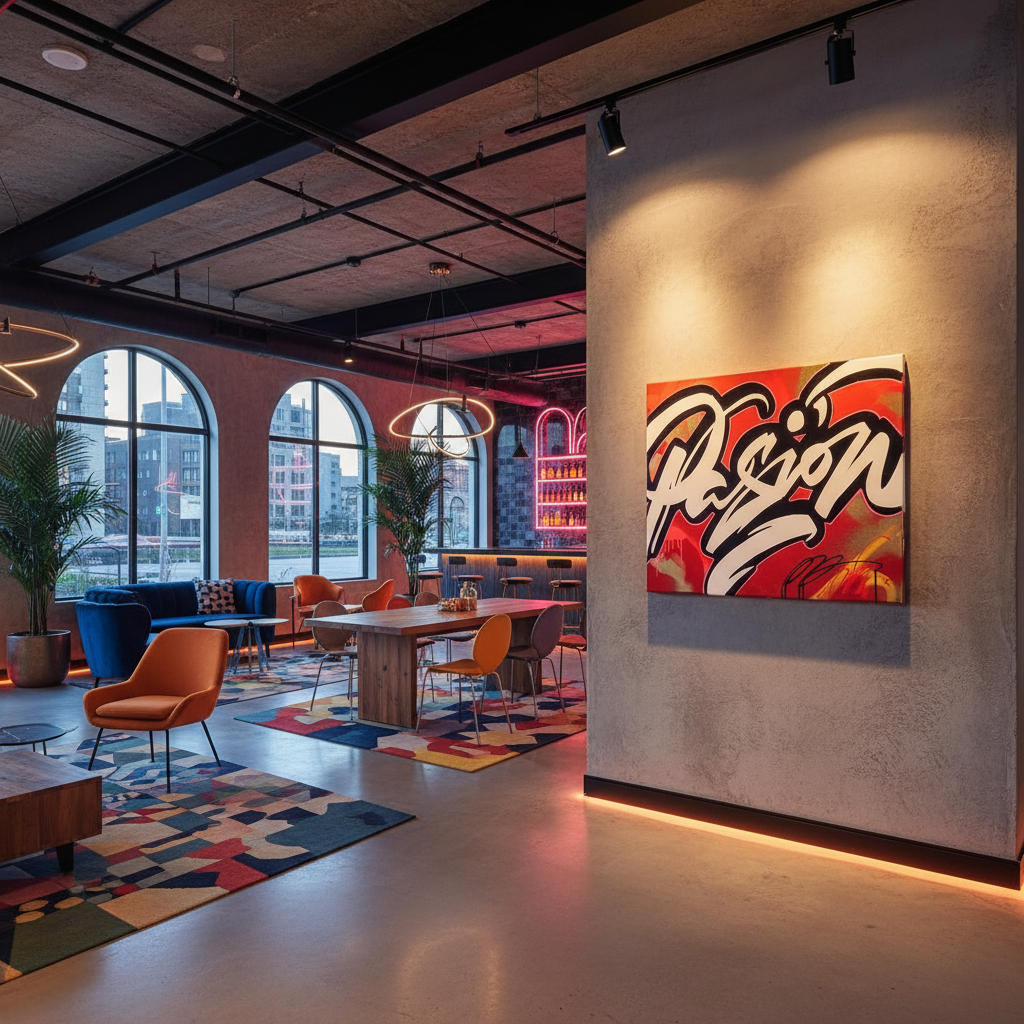 Obra caligrafía blanca sobre rojo - Estilo Hotel Moxy