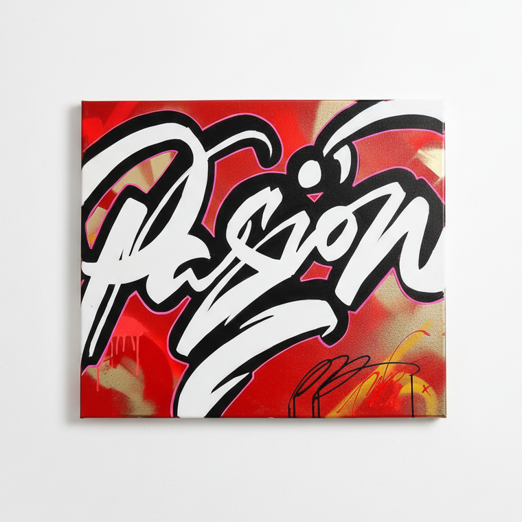 Obra caligrafía blanca sobre rojo - Fondo blanco