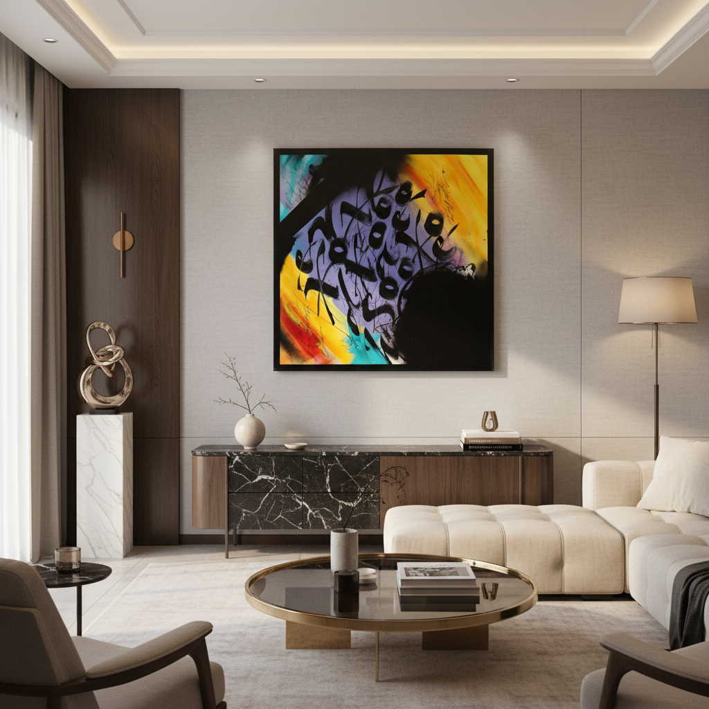 Obra caligrafía negra multicolor - Muralla lujosa