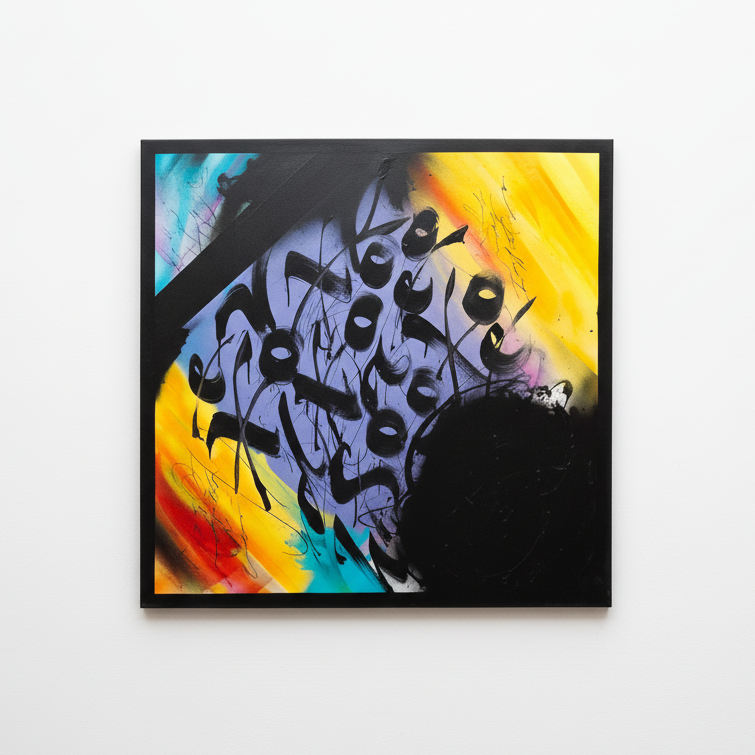 Obra caligrafía negra sobre multicolor - Fondo blanco