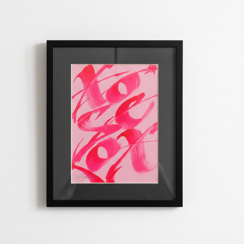 Obra caligrafía rosa enmarcada en negro con vidrio - Fondo blanco