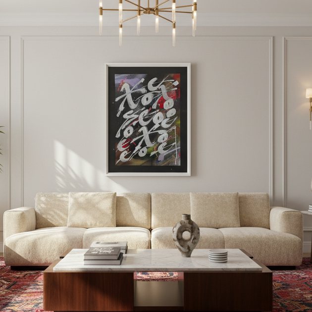 Obra enmarcada con detalles coloridos - Living lujoso